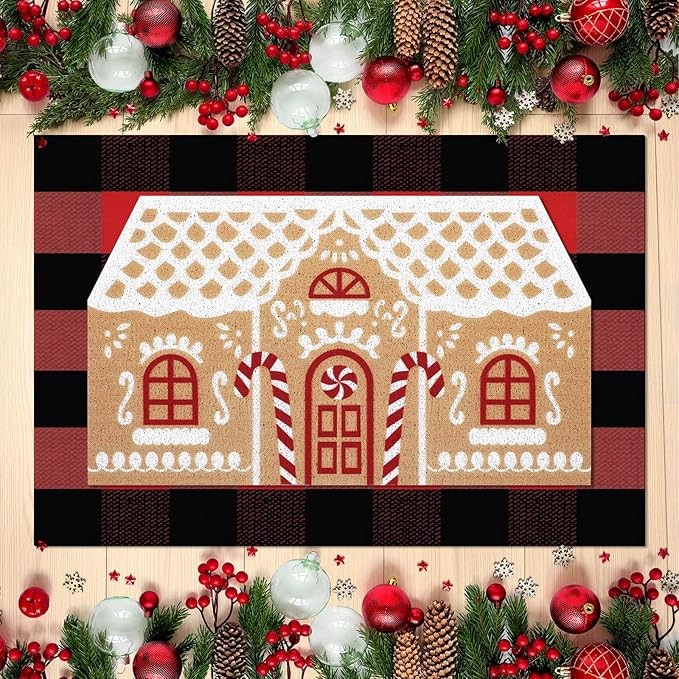 2 Pcs Merry Christmas Door Mat Non Slip Snowy Tree Gingerbread House Village Colorful Xmas Floor ... | Amazon (US)