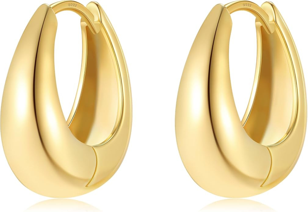 Small Chunky Gold Hoops Teardrop Huggie Earrings 925 Sterling Silver Post 14k Gold Plated Oval Th... | Amazon (US)
