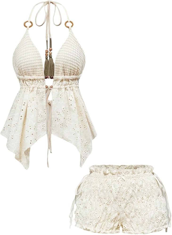 Verdusa Women's 2 Piece Y2k Boho Outfits Eyelet Tie Backless Beaded Halter Top with Shorts Vacati... | Amazon (US)