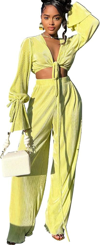 Casual Sexy 2 Piece Outfit for Women Dressy Linen Long Sleeve V Neck Top Y2K Flare Pleated Wide L... | Amazon (US)
