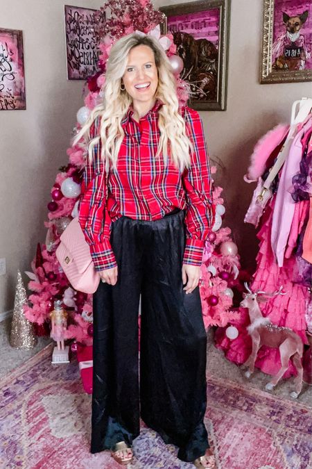 Red top, holiday top, plaid Christmas top, holiday outfit, holiday party look, dressy pants, office party look, casual party style, affordable holiday top, gold block heels 

#LTKSeasonal #LTKunder50 #LTKHoliday