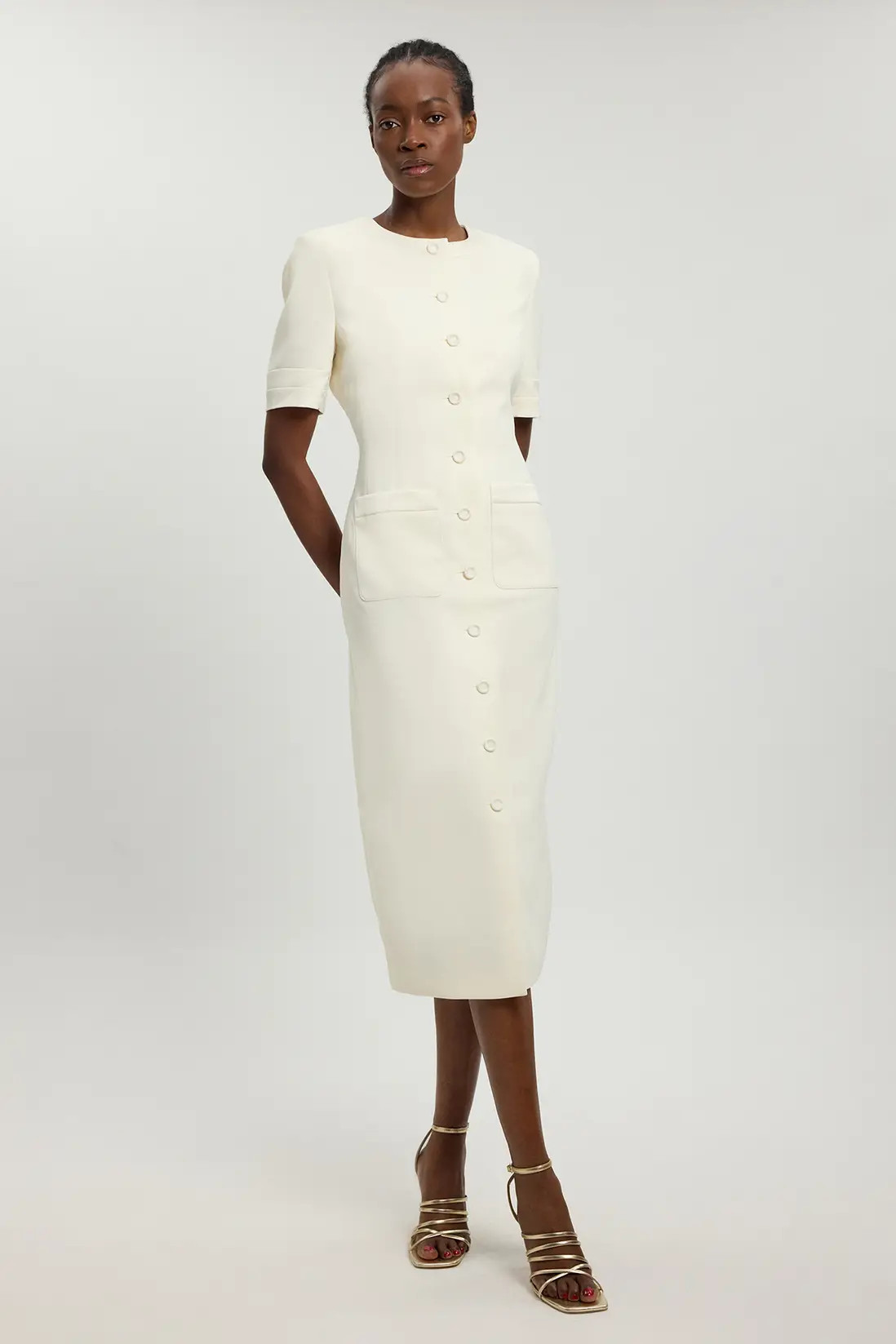 Petite Satin Tux Short Sleeve Tailored Midi Dress | Karen Millen