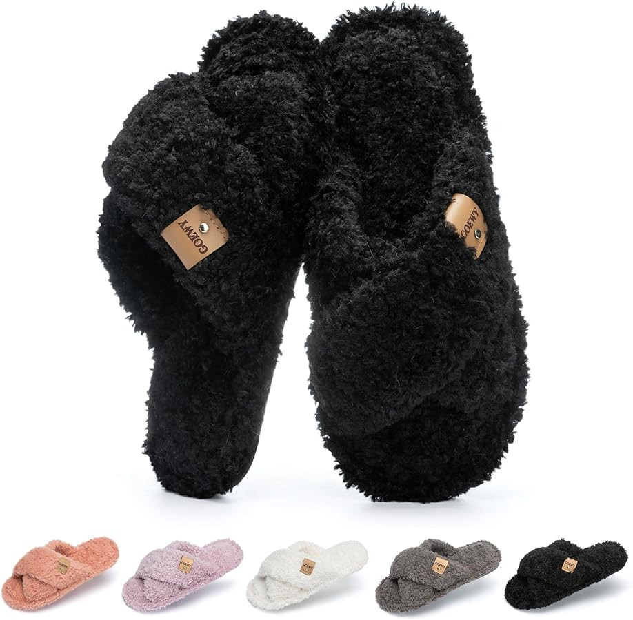 Fuzzy Open Toe Slippers for Women Indoor and Outdoor with Memory Foam Cozy Cross Band Women's Sli... | Amazon (US)