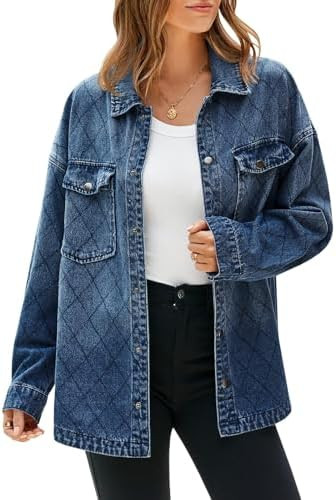 Tankaneo Womens Oversized Denim Jackets Trendy Diamond Quilted Button Down Jean Shackets Casual L... | Amazon (US)