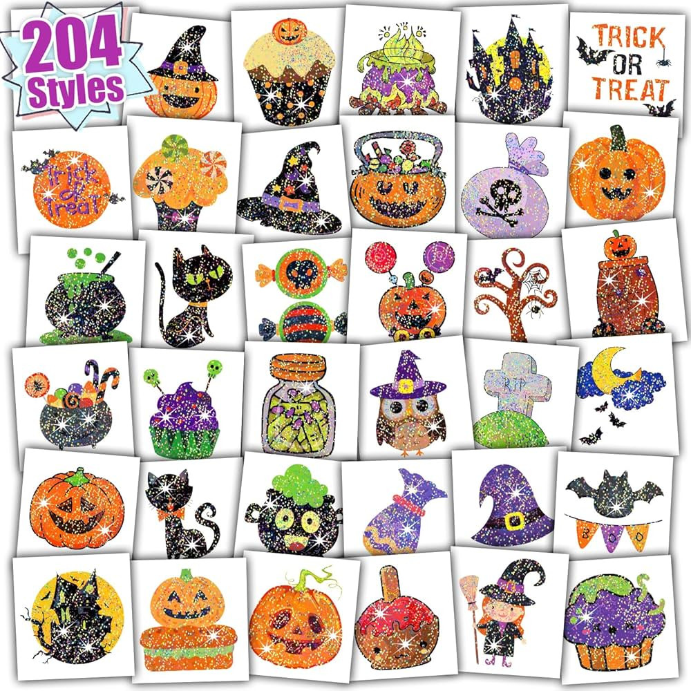 Partywind 204 PCS Glitter Halloween Tattoos for Kids Treats, Halloween Party Decorations Supplies... | Amazon (US)