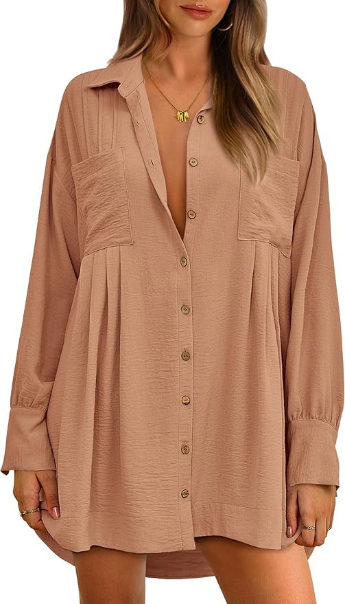 BTFBM Women's Long Sleeve Shirt Dresses Spring Summer V Neck Pleated Flowy Loose Casual Button Do... | Amazon (US)