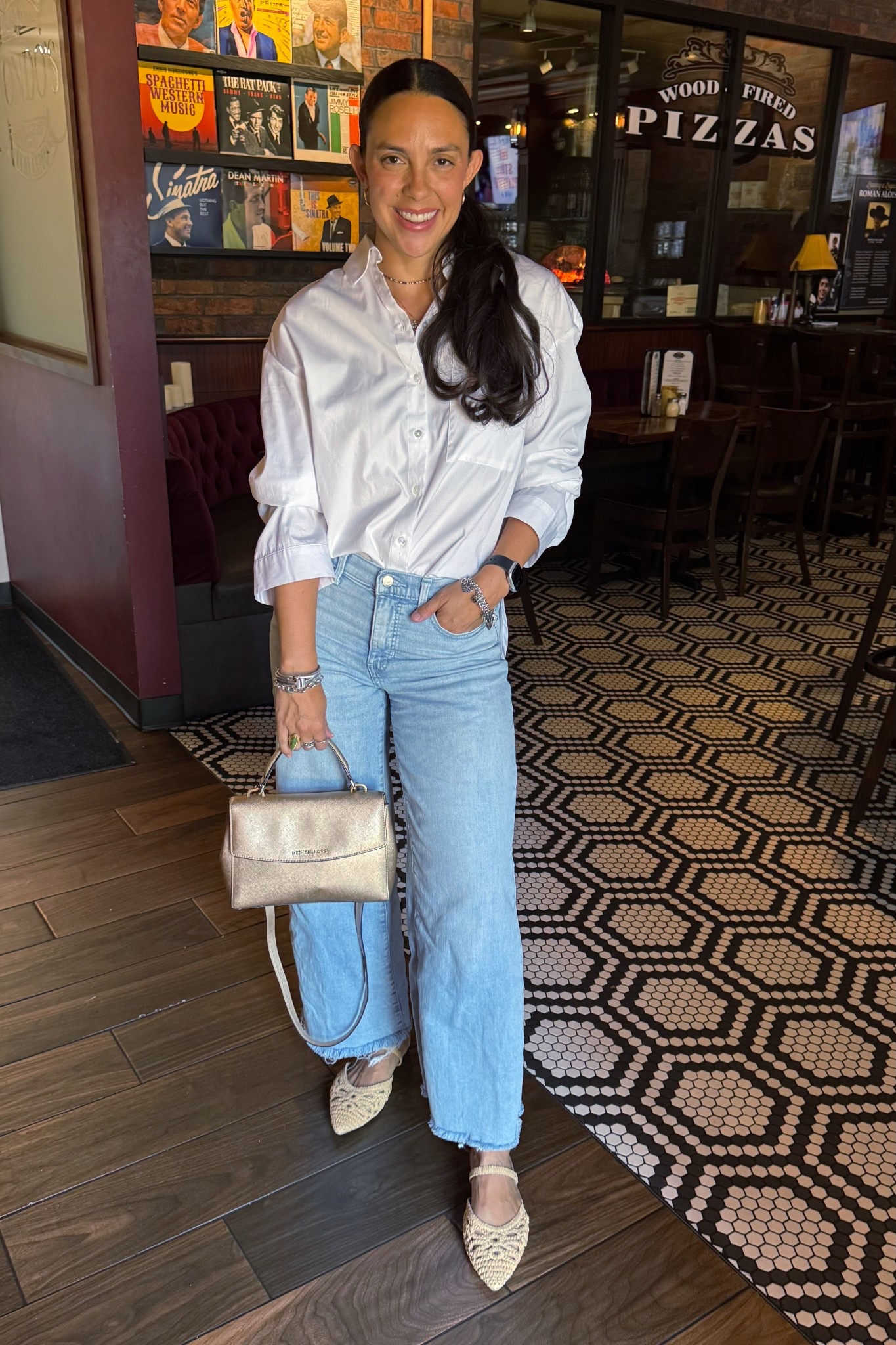 I wore a simple and classy outfit for my mom’s birthday lunch at one of her favorite restaurants in Tulsa. Mondo’s is owned by an Italian family we have known for two decades. I got the Blackened Salmon Salad with olive oil on the side. So fresh and delicious! I wore a size small in the Banana Republic white button down top, size 27 in the Banana Republic high-waisted, wide leg denim, and size 10 in the shoes. They all run true to size. This top is from Fall 2024 and it is intentionally oversized. If you have questions, ask me in the chat. 

#LTKFindsUnder100 #LTKFindsUnder50 #LTKStyleTip