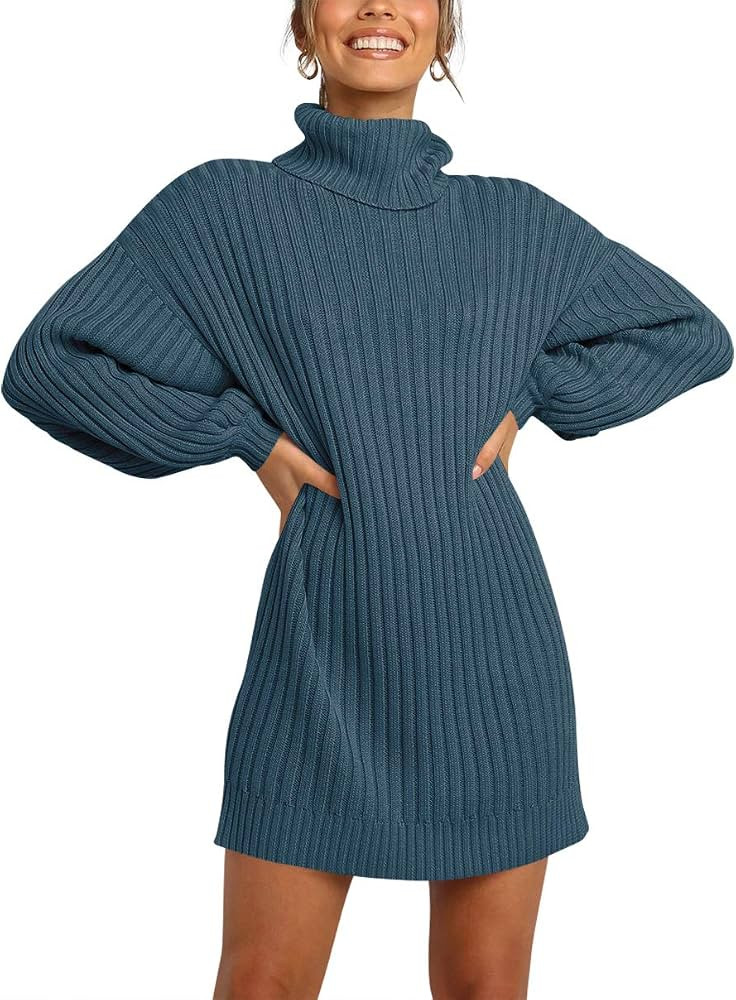 LOGENE Women's Sweater Dress Turtleneck Long Balloon Sleeve Ribbed Knit Oversized Pullover Dresse... | Amazon (US)