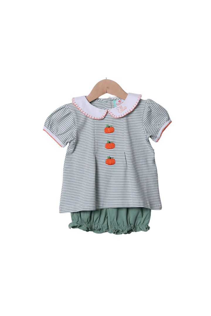 Hand Embroidered Sage Stripe Pumpkin Bloomer Set | The Smocked Flamingo