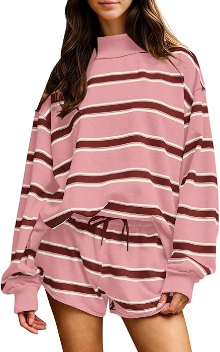 Women Striped 2 Piece Set Oversized Sweatshirt Shorts Outfits | Amazon (US)