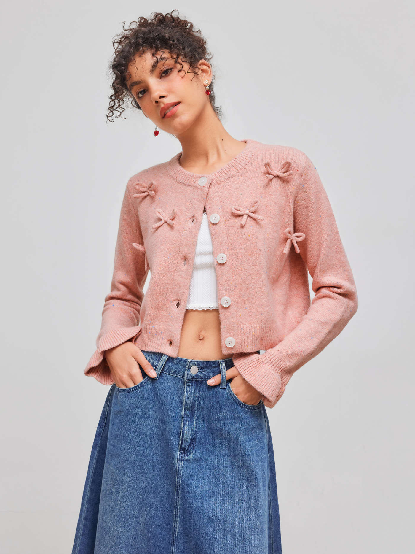 Knit Round Neckline Bowknot Ruffle Trim Cardigan | Cider