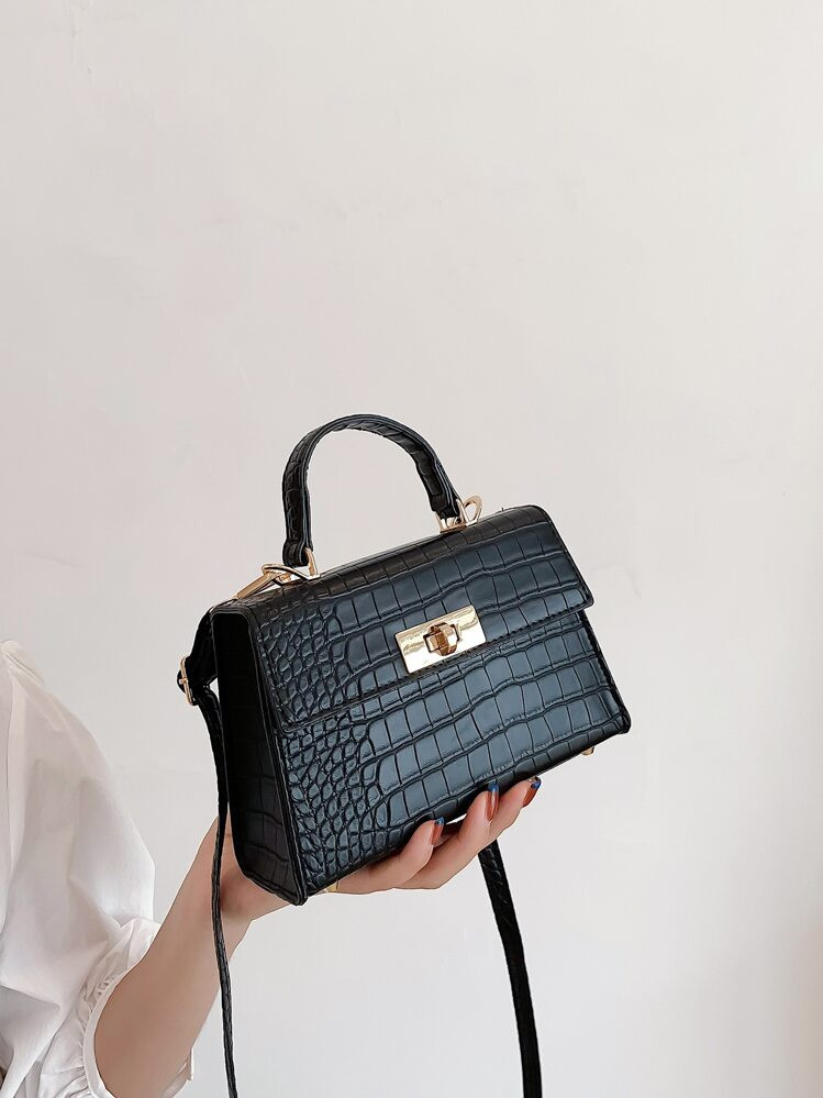 Lightweight,Business Casual Mini Crocodile Embossed Twist Lock Flap Square Bag For Teen Girls Women College Students,Rookies & White-Collar Workers Perfect For Office,College,Work ,Business,Commute,Outdoors, Travel, Outings, Animal Print Women Bag | SHEIN