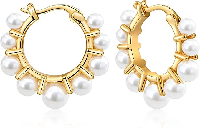 FAMARINE Women's 14K Gold Plated Pearl Hoop Earrings | Amazon (US)