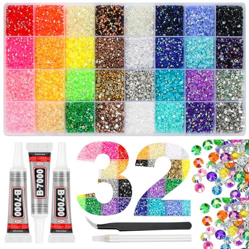 37000Pcs 32 Colors Resin Jelly Rhinestones for Bedazzling, 3mm Multicolor Flatback Gems for Crafting, Bedazzler Kit with 3Pcs 10ml B7000 Glue for Clothes Book Shoes Nails Art Makeup | Amazon (US)
