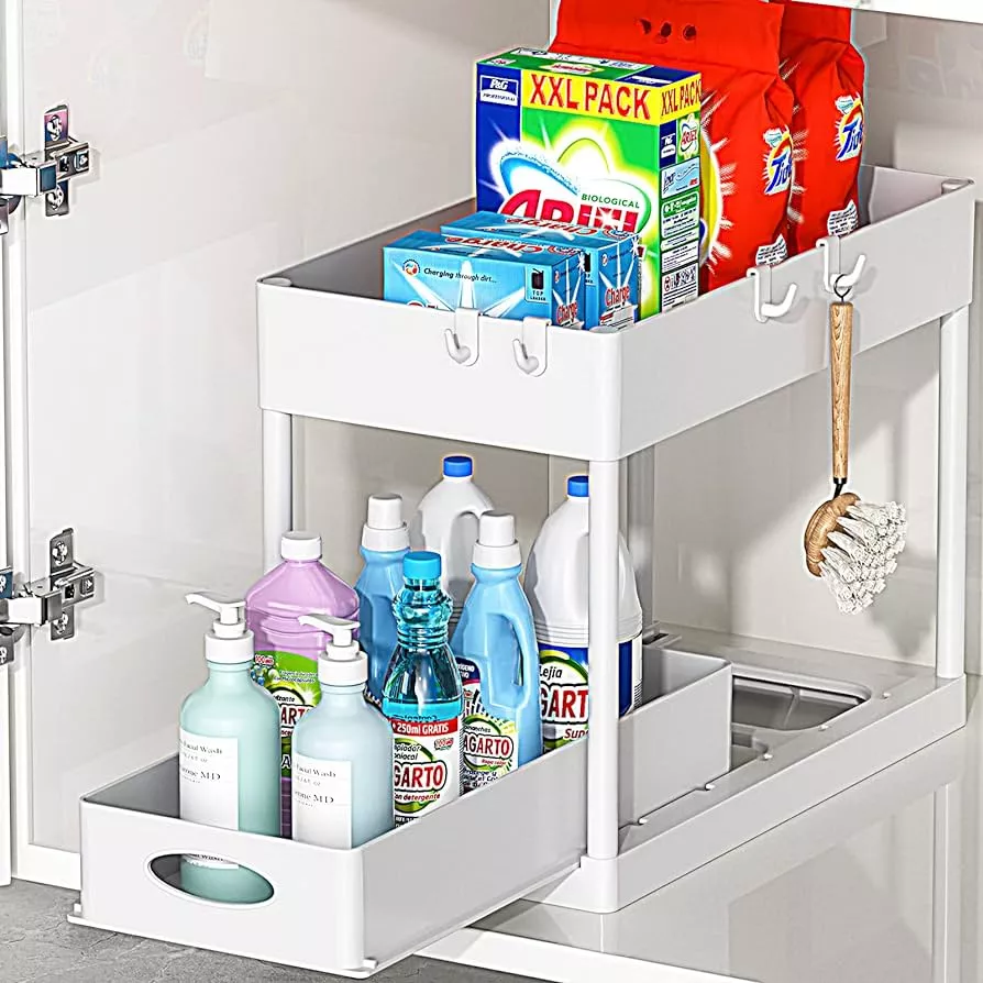  PUILUO Under Sliding Cabinet Basket Organizer, 2 Tier Under  Sink Organizers Black Under Sink Storage for Bathroom Kitchen : Home &  Kitchen