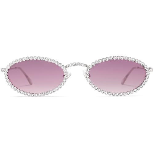 SOJOS Retro Skinny Oval Rhinestone Sunglasses for Women 90s Styles Bling Hippie Disco Trendy Sun Glasses Small Face SJ1205 | Amazon (US)