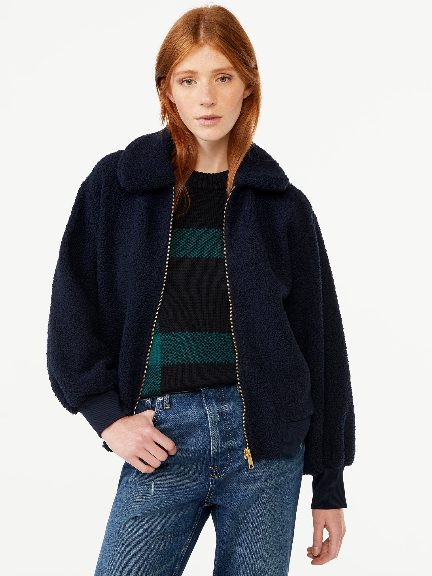 Free Assembly Women's Zip Front Teddy Bomber Jacket | Walmart (US)