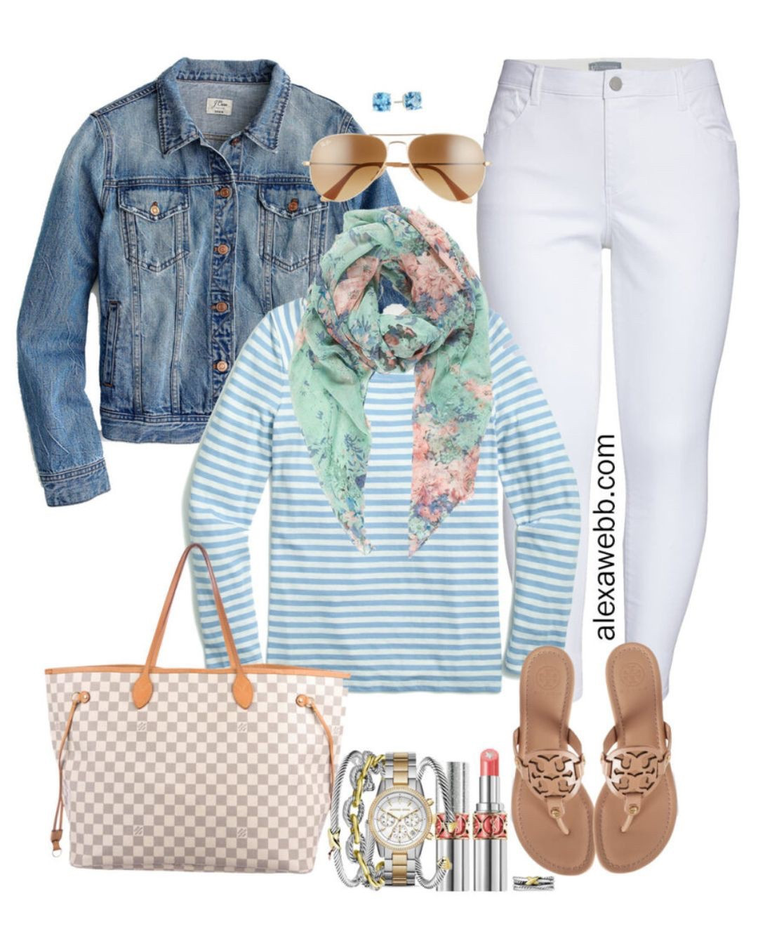 Plus Size Early Spring Outfit Ideas with White Jeans, Denim Jacket, Blue Stripe Tee, Floral Scarf, Tory Burch Sandals, and Louis Vuitton Neverfull - Alexa Webb

#LTKStyleTip #LTKSeasonal #LTKPlusSize