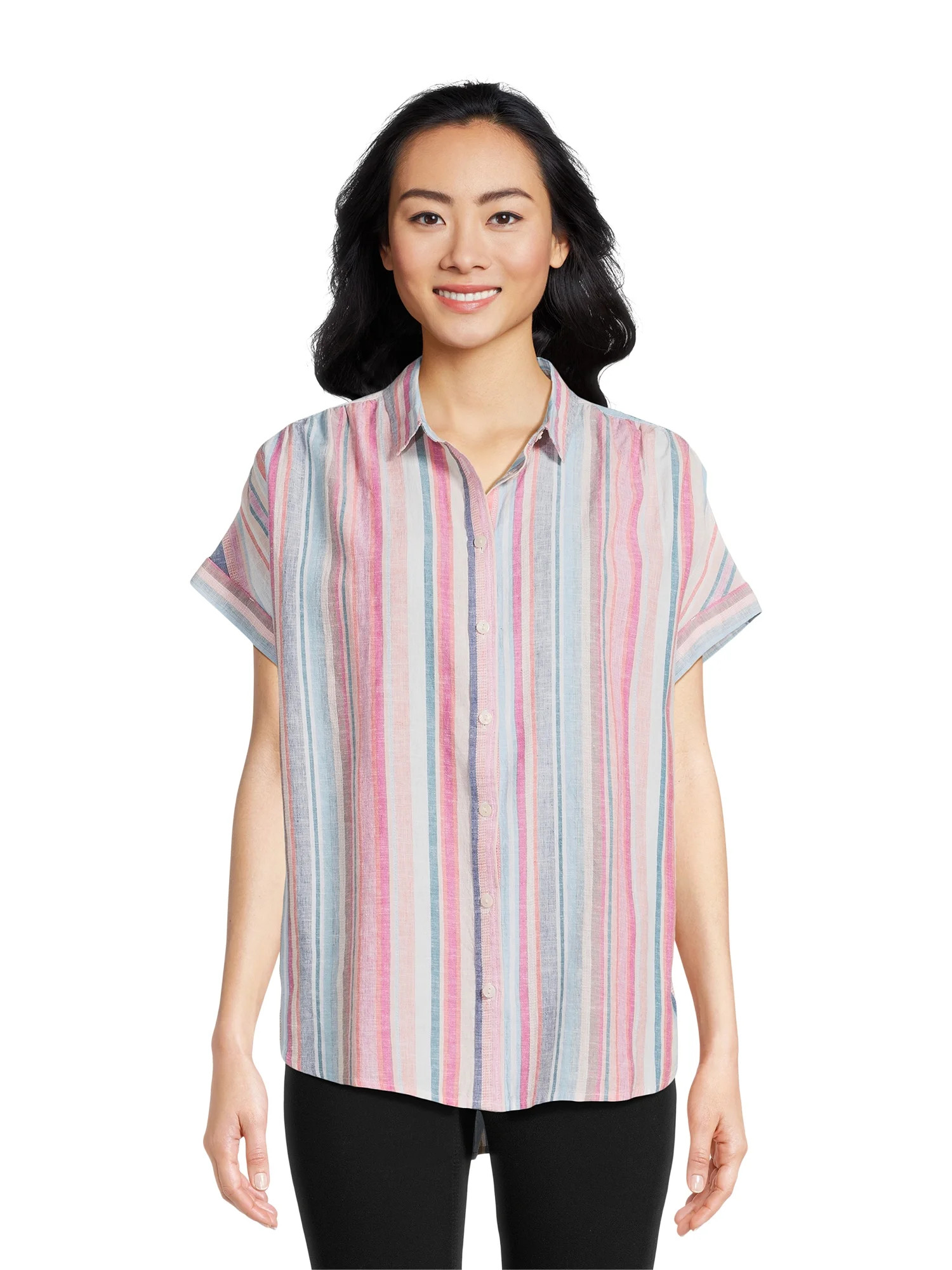Time and Tru Women's Linen Blend Shirt with Roll Cuff Sleeves, Sizes S-XXXL - Walmart.com | Walmart (US)