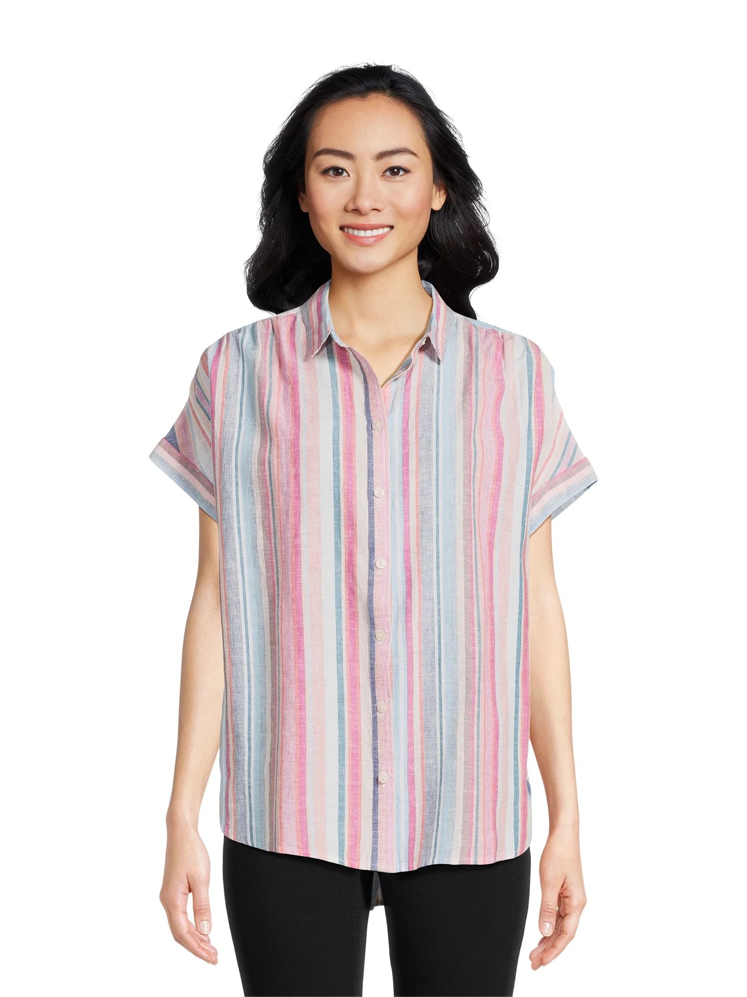 Time and Tru Women's Linen Blend Shirt with Roll Cuff Sleeves, Sizes S-XXXL | Walmart (US)