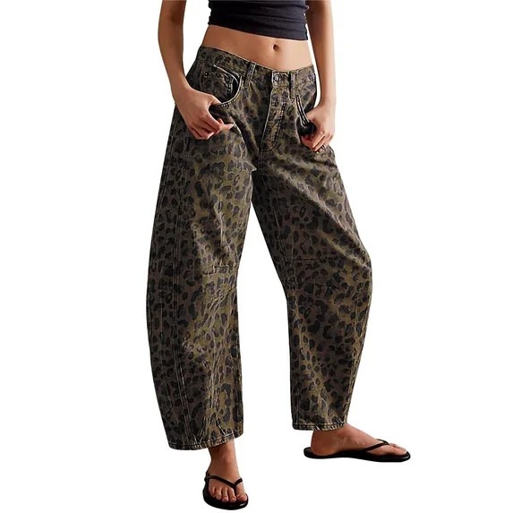 sicmoss Women's Leopard Y2K Vintage Mid Rise Stretchy Barrel Jeans Loose Wide Leg Cropped with Po... | Walmart (US)