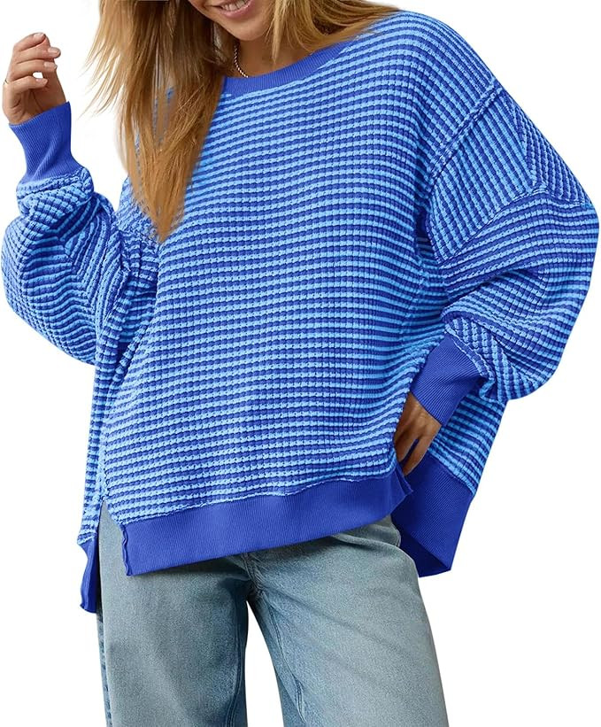 Fisoew Women's Oversized Sweatshirt Waffle Knit Striped Long Sleeve Crewneck Casual Loose Pullove... | Amazon (US)