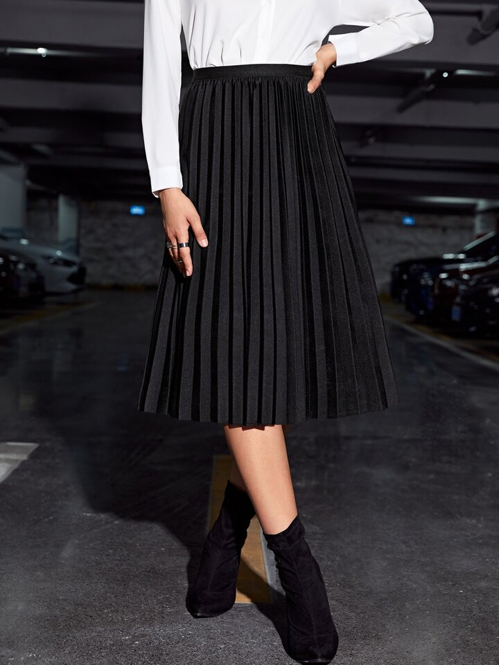 SHEIN Privé Falda media unicolor fruncido | SHEIN