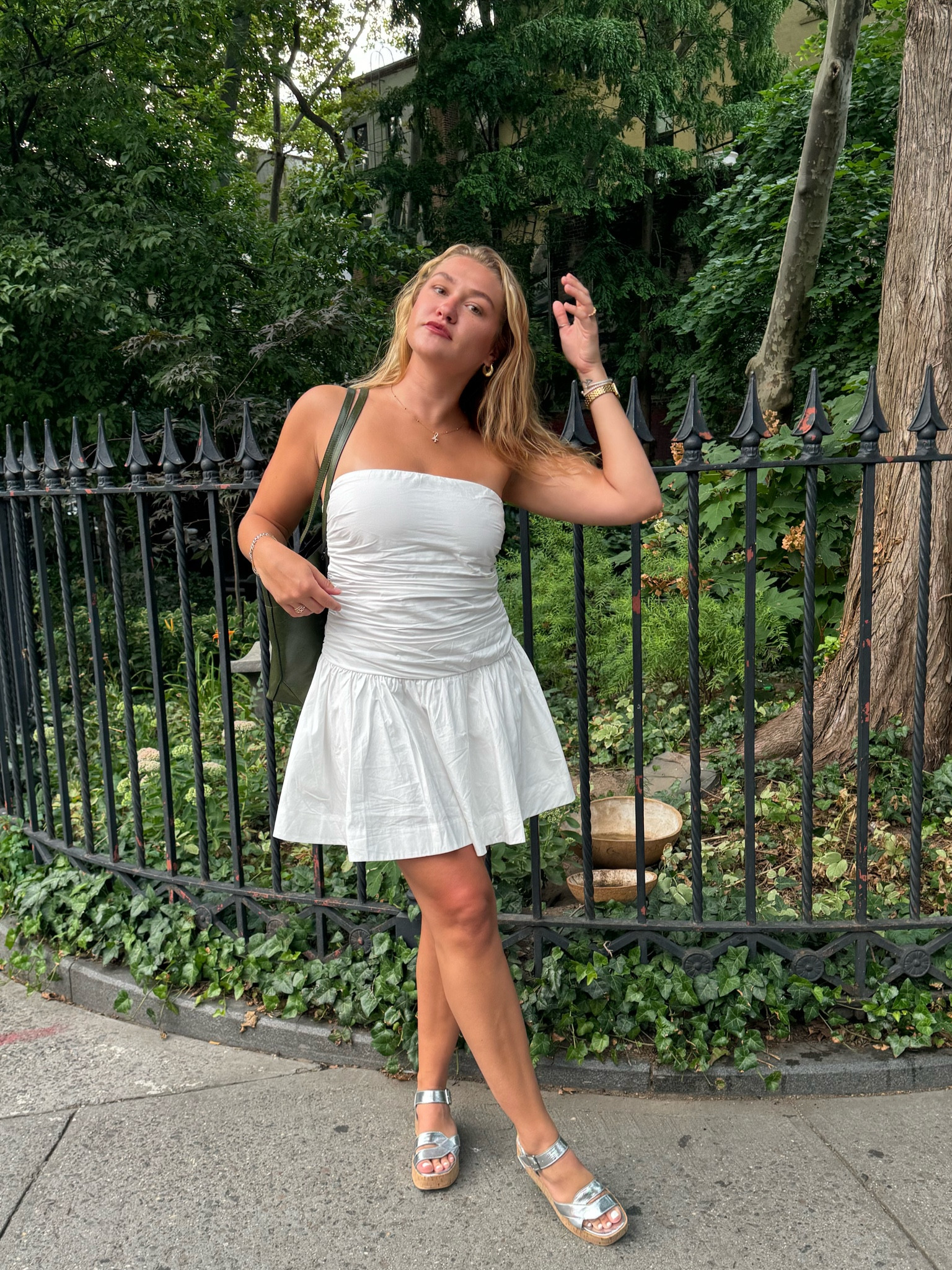 ‘tini tuesday🫒🍸 love this white drop waist dress from NIA, Franco Sarto silver platforms and olive green leather tote bag from Kattee Bags on Amazon! 

#LTKMidsize #LTKStyleTip #LTKSeasonal