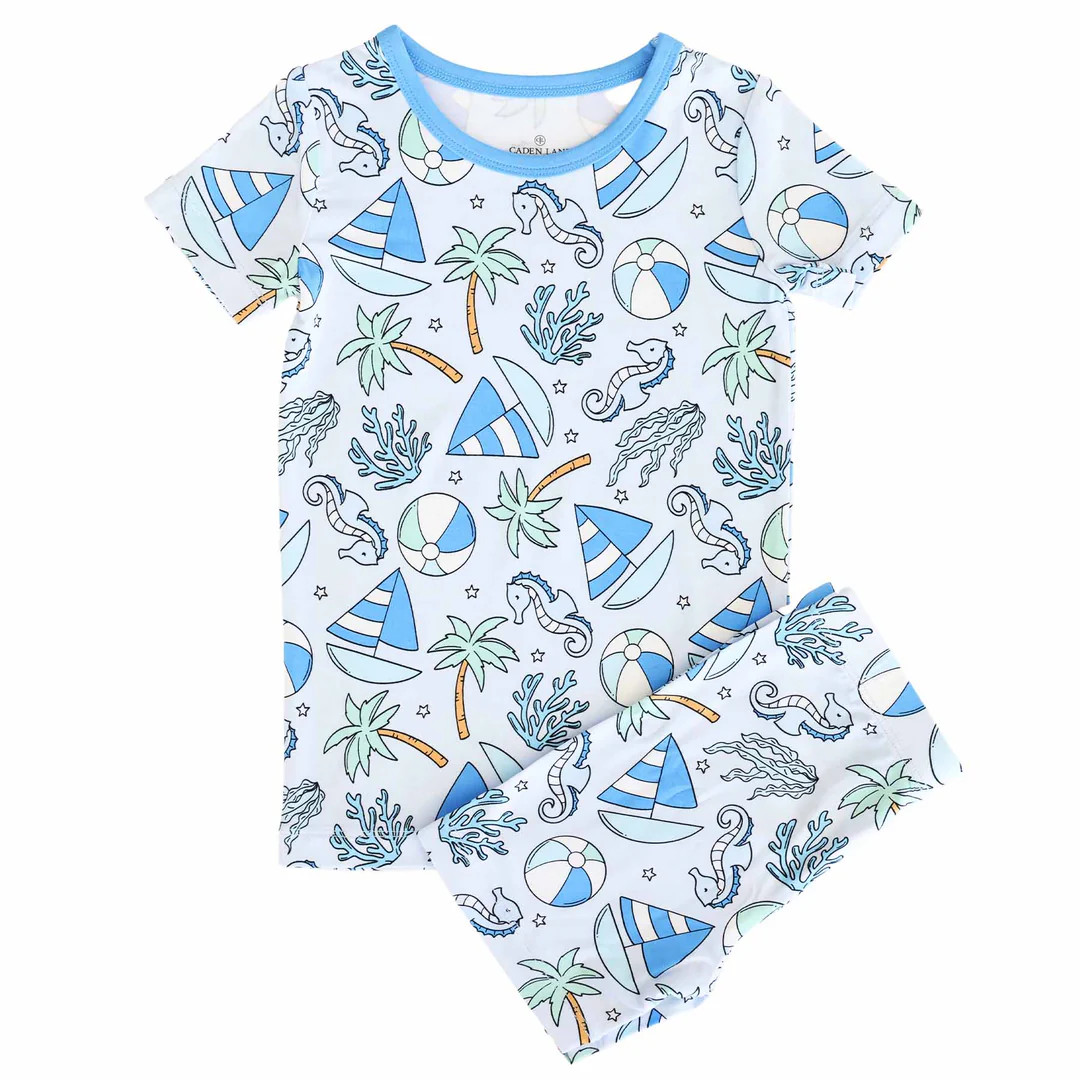 Two Piece Short Pajama Set | Tiny Tides Blue | Caden Lane