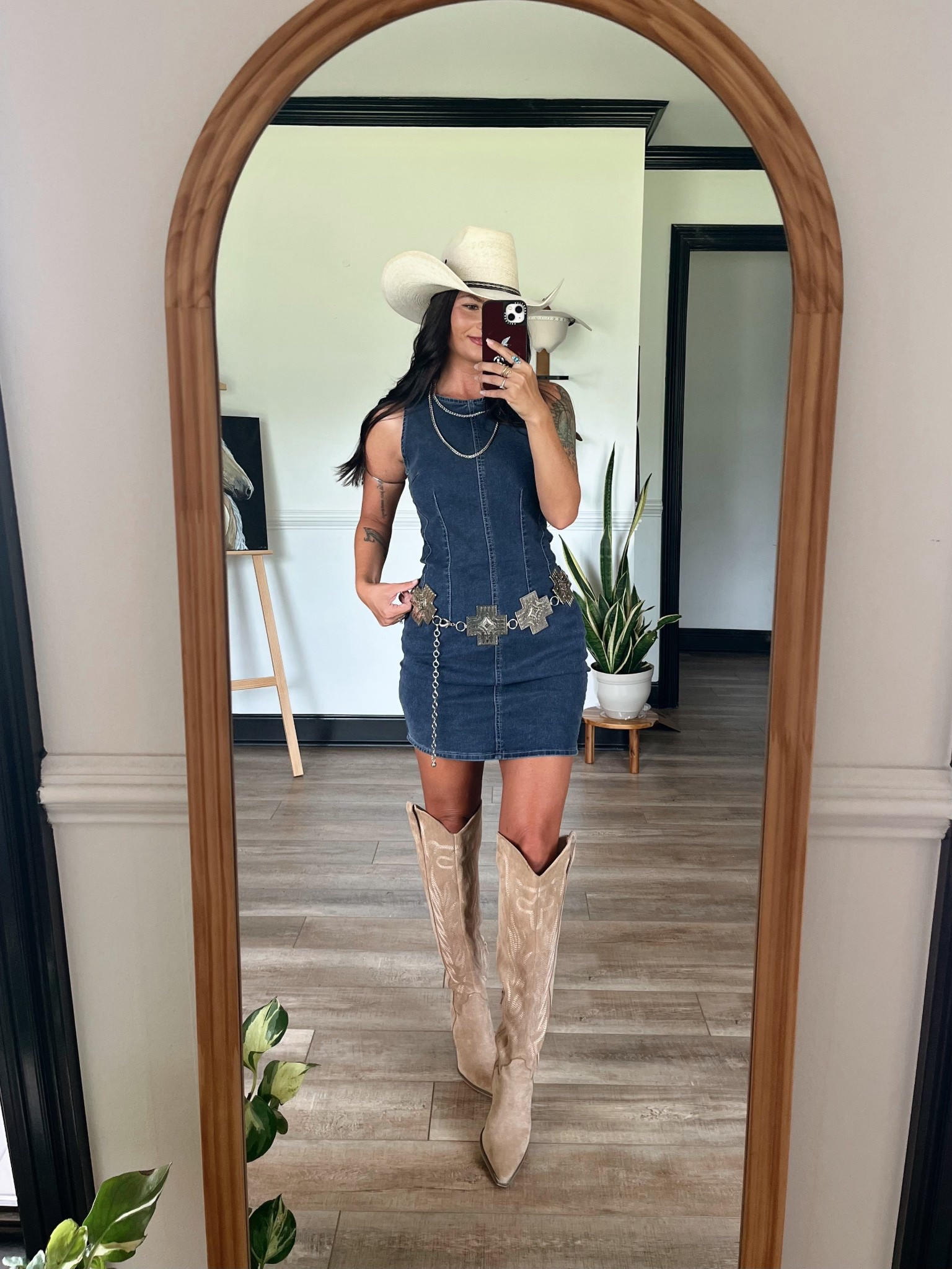 Denim mini dress paired with tan knee high boots (code LORILYNN35 or LORIG30) dress is stretchy wearing xs! Belt is old so linked similar 

#LTKSeasonal #LTKFestival #LTKootd