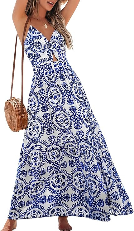 CUPSHE Women's Maxi Dress Floral Print Twisted V Neck Sleeveless Long Dress Summer Casual Dress | Amazon (US)