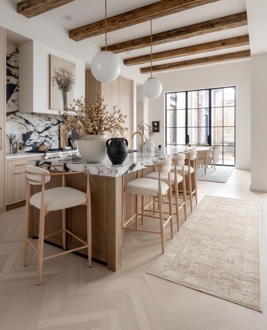 A kitchen that redefines timeless elegance.
This space blends modern organic textures with classic European inspired details, creating a look that feels both elevated and effortless. The Calacatta marble waterfall island steals the show, paired with warm oak cabinetry, bouclé counter stools, and brass accents that add a subtle touch of luxury.

Overhead, exposed wood ceiling beams bring warmth and rustic balance, while the vintage style rug grounds the palette in cozy neutrals. Every detail from the black-framed windows to the oversized globe pendants, strikes the perfect harmony between natural beauty and refined design.

 Shop the look:
• Calacatta marble island & backsplash
• Bouclé upholstered counter stools
• Oak cabinetry with brass hardware
• Vintage beige runner rug
• Oversized globe pendant lights
• Black decorative vases & ceramic accents
• Exposed wood ceiling beams 


#LTKSaleAlert #LTKHome