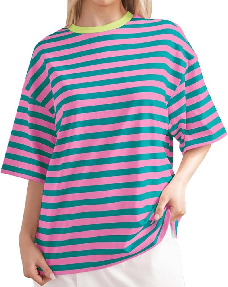 Women Oversized Striped Shirt Short Sleeve T-Shirts Color Block Crew Neck Basic Shirt Casual Summ... | Amazon (US)