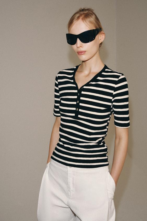 Zara - Linen Blend Button T-Shirt - Ecru / Black - S - Woman | Zara UK
