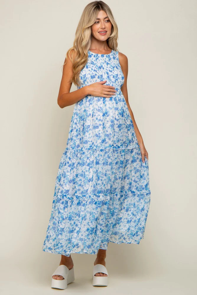 Blue Floral Sleeveless Tiered Maternity Maxi Dress | PinkBlush Maternity