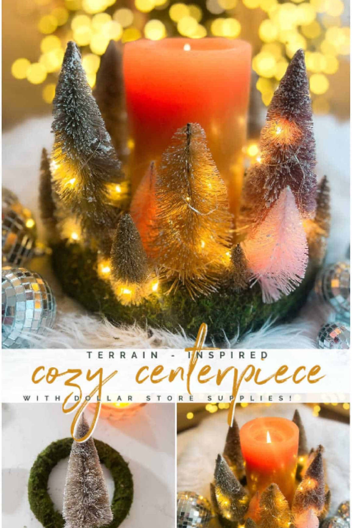Cozy Dollar Store Christmas Centerpiece. Create a Terrain-inspired holiday centerpiece on a budget with dollar store finds! This DIY project combines bottle brush trees and a moss-covered wreath form, giving a high-end look without breaking the bank. Battery operated lights glow along with a candle in the center for a cozy addition to the holiday season.

#LTKHome #LTKSeasonal #LTKHoliday