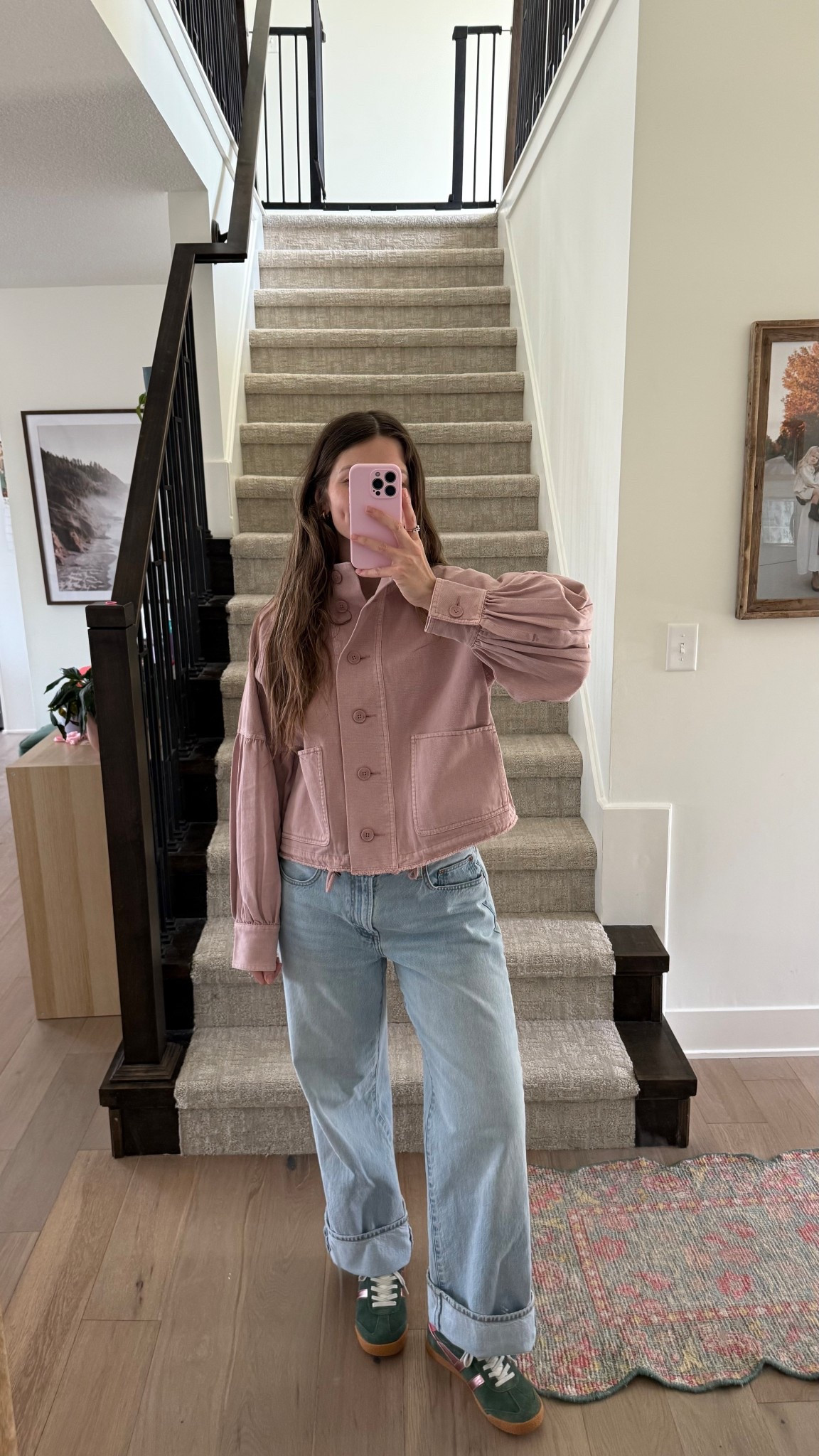 wearing a small in jacket, so cute and lightweight for spring! Low rise jeans I wore with the bump, baggy postpartum but still comfortable! 

Spring outfit, mom style  

#LTKootd