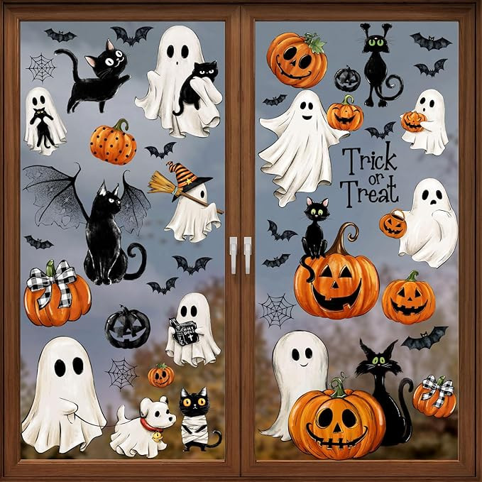 87 PCS Halloween Window Clings Ghost Decals Decor, Vintage Ghost Evil Pumpkin Bat Black Cat Reusa... | Amazon (US)