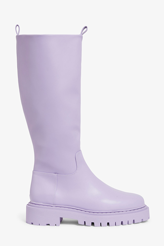 Lilac faux leather knee-high boots | Monki