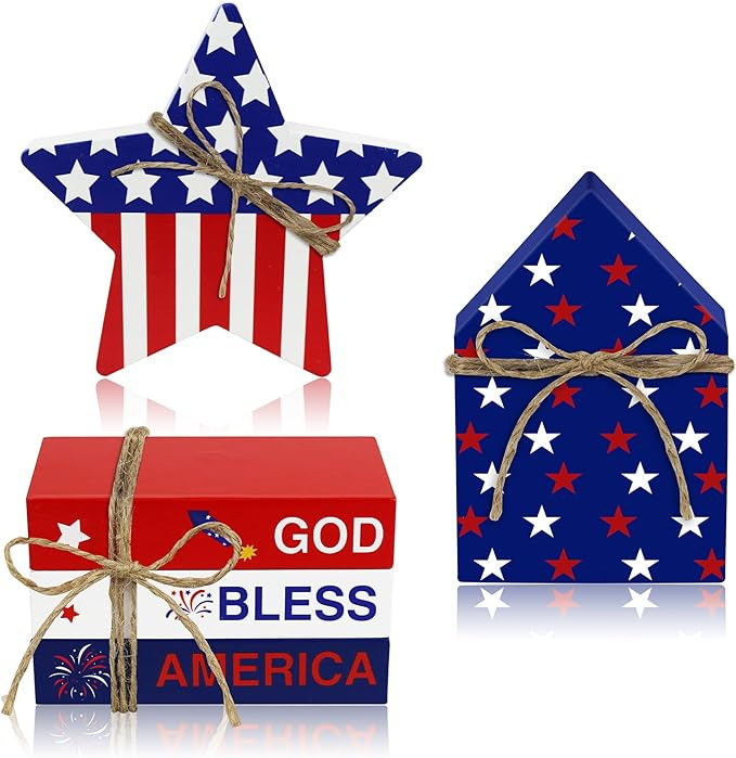 4th of July Patriotic Decorations- 5Pcs Wooden Faux Book Star Sign Table Decor Tiered Tray Decora... | Amazon (US)