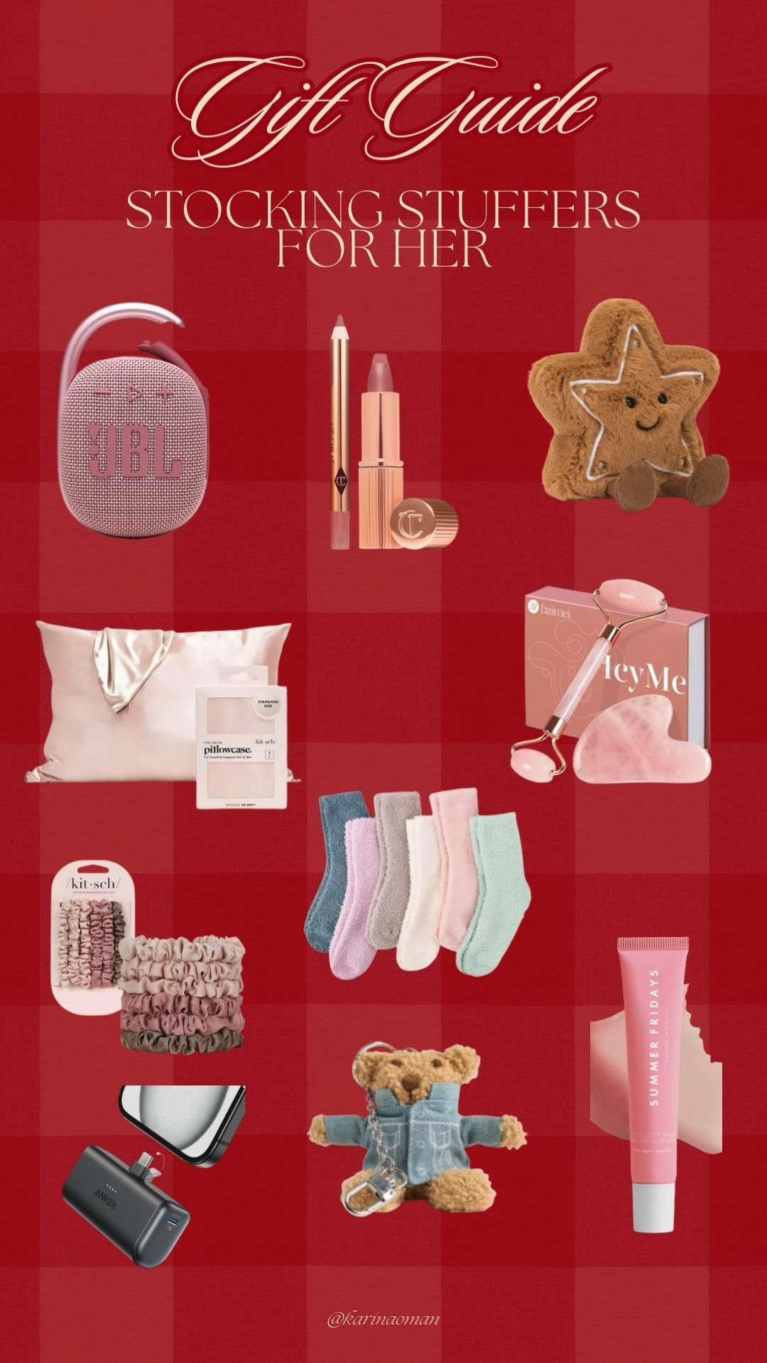 Put together this list of stocking stuffers for her and honestly I want half of these in my own stocking! Perfect for your girlfriend, wife, fiancé, teen, or daughter. Affordable, trendy, and actually useful stocking stuffer gifts: Summer Fridays lip balm, jade roller, fuzzy socks, silk scrunchies, silk pillowcases, portable charger, mini Jellycat plush, JBL speaker, and the Charlotte Tilbury lip kit. Cute, cozy, and perfect for Christmas morning! 

#StockingStuffersForHer #GiftIdeasForHer #HolidayGiftGuide #StockingStufferIdeas #ChristmasGiftsForHer #GiftsForWomen #HolidayShopping #LTKHoliday #LTKGiftGuide #LTKUnder50 #LTKFinds #AmazonHolidayFinds #GiftGuide2025 #GiftsSheWillLove 

 #LTKGiftGuide #LTKHoliday #LTKFindsUnder50