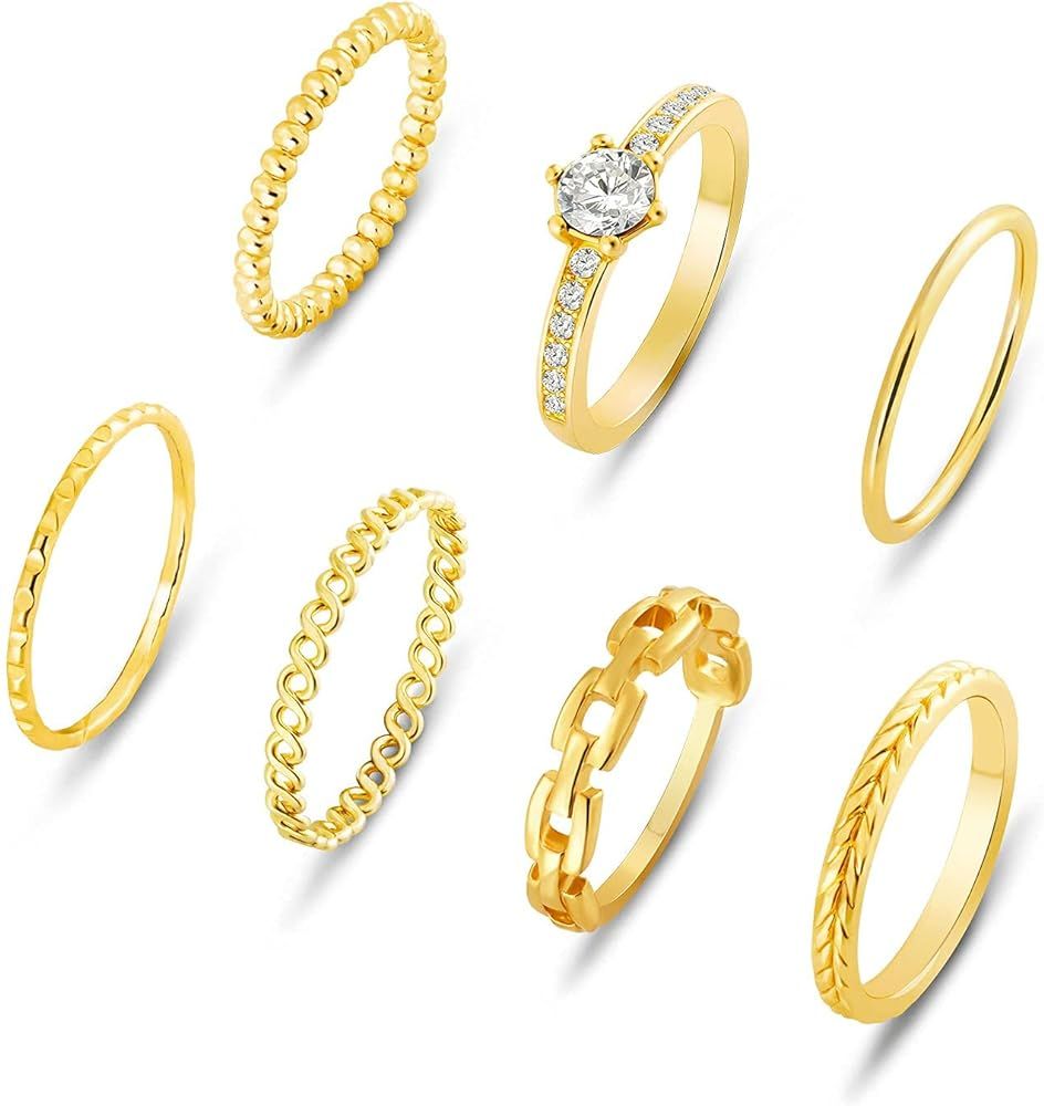 Stackable Rings Set: 7pcs 14K Gold Simple Fashion Multiple Rings Kit Dainty CZ Gemstone Jewelry P... | Amazon (US)