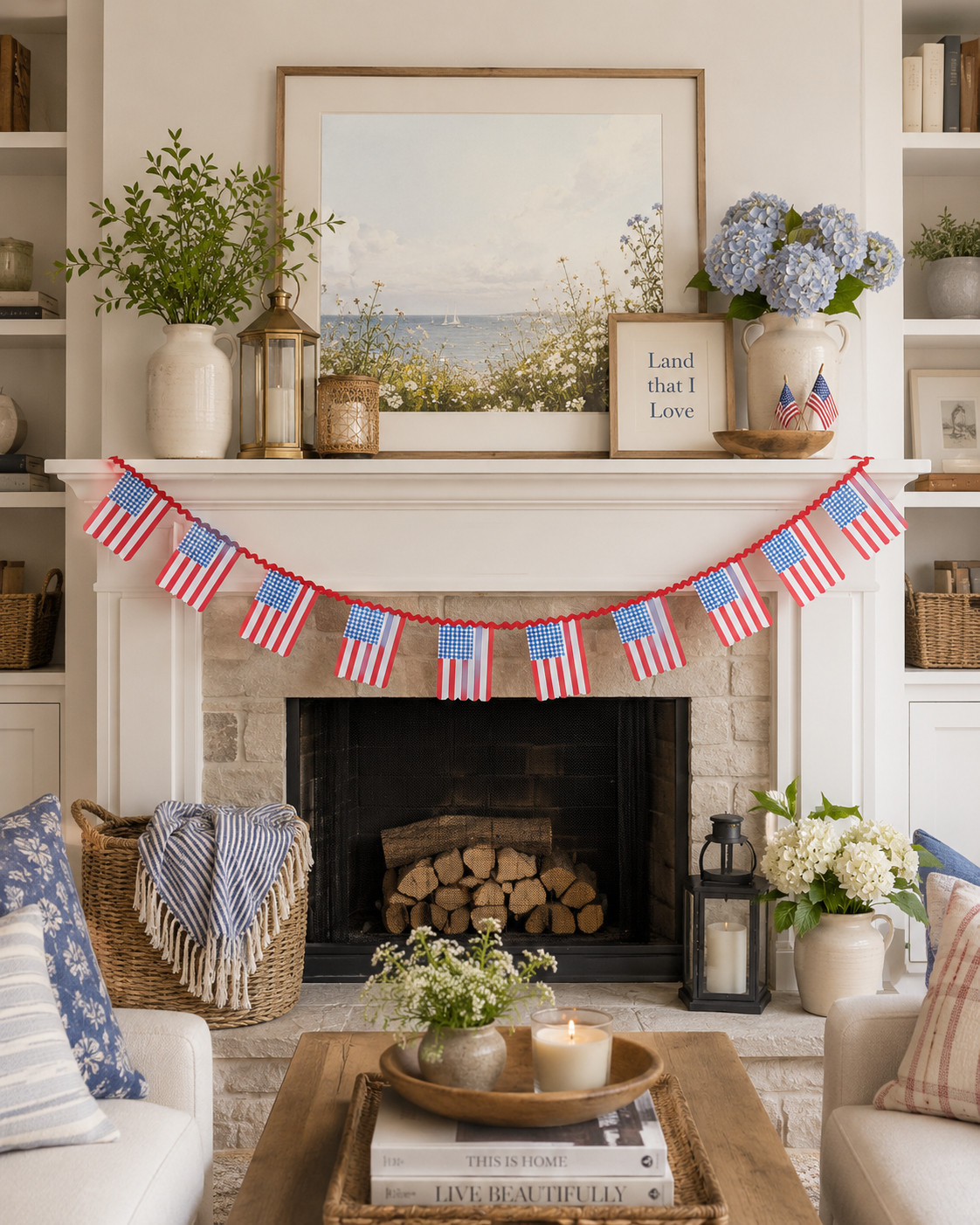 POV: you wanted your Fourth of July decor to feel cute, cozy, and not overly “theme-y” 🇺🇸✨

This little flag garland is giving modern cottage summer in the best way. I love how easy it is to drape across a mantel, shelf, or party setup for an instant festive touch without feeling too bold or cluttered. ❤️🤍💙

Perfect for:
• Fourth of July decor
• Memorial Day & summer styling
• Mantels + shelves
• Party backdrops
• Kid-friendly holiday decorating

Linked my patriotic decor favorites here! ✨ #LTKhome #fourthofjulydecor #cottagestyle #moderncottage #summerdecor #patrioticdecor #manteldecor #cozyhome #seasonaldecor #ltkfinds 

 #LTKSeasonal #LTKHome