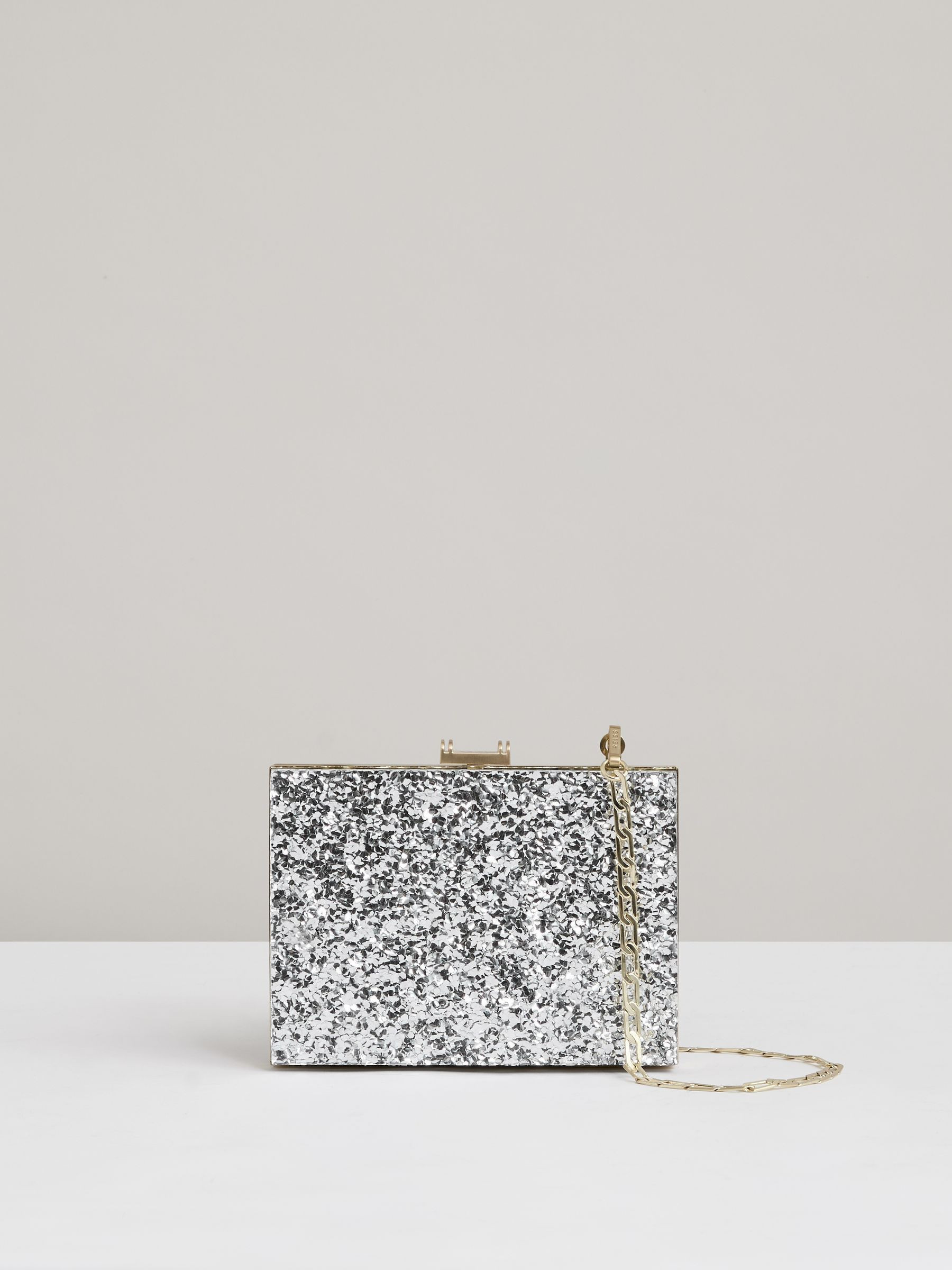 Reiss Glitter Box Clutch Bag in Silver - REISS | Reiss UK