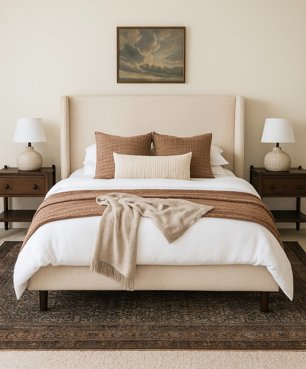 Neutral bedroom essentials 🤍
Shop this warm neutral bedroom featuring an upholstered bed, layered white bedding, textured throw pillows, cozy throw blanket, wood nightstands, ceramic table lamps, and a neutral area rug.

Perfect for a primary bedroom refresh, modern transitional style, hotel-inspired bedroom, or anyone who loves a calm, elevated, timeless space. All items are linked and shoppable ✨ 

 #LTKHome #LTKSaleAlert