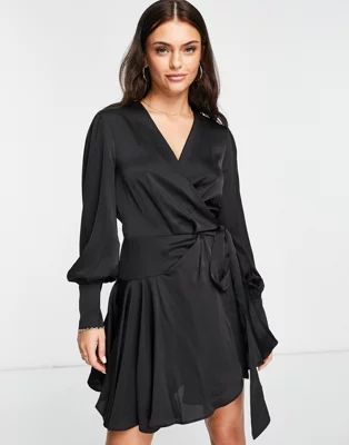 Glamorous ruffle detail wrap dress in black sateen | ASOS | ASOS (Global)