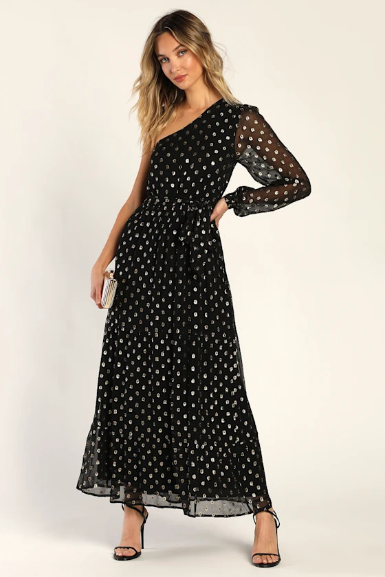 Radiant Energy Black and Gold Clip Dot One Shoulder Maxi Dress | Lulus (US)