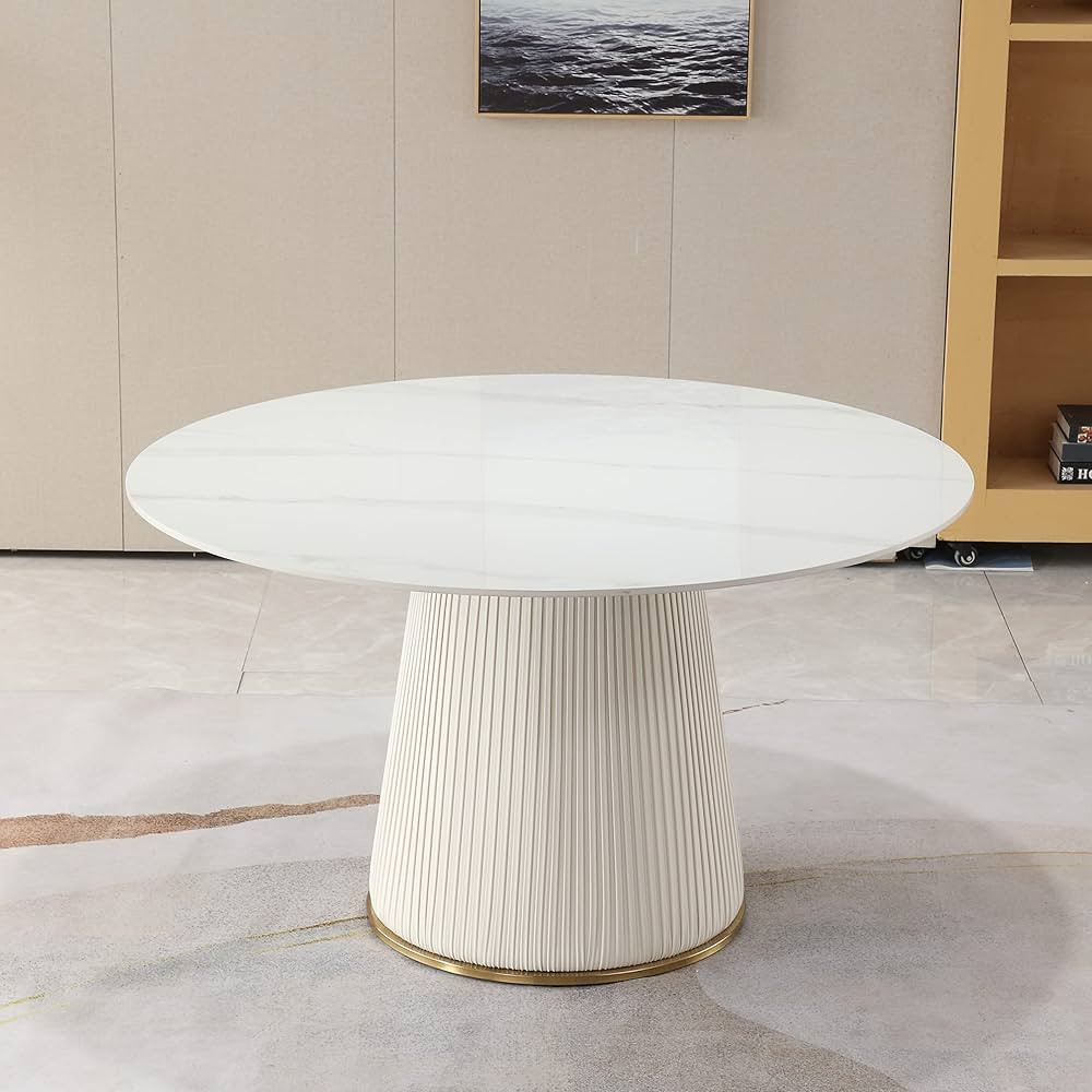 Montary 53'' Modern Round Dining Table, Marble Kitchen Table with Sintered Stone Tabletop and Cyl... | Amazon (US)