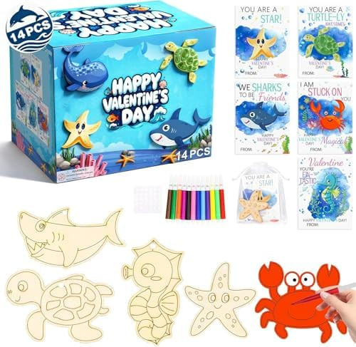 14 PCS Valentines Day Gifts for Kids Classroom, Paint Valentines Craft Kits W/ Sea Animals Wood P... | Amazon (US)