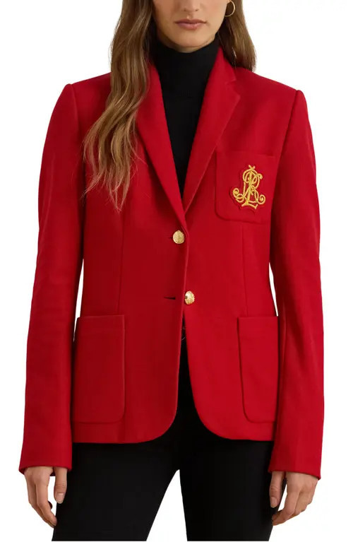 Lauren Ralph Lauren Bullion Jacquard Logo Patch Cotton Blend Blazer in Ralph Red at Nordstrom, Size X-Large | Nordstrom